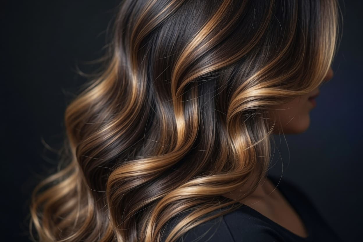 A stylist finishing a glossy, sun-kissed colour at Maison Lumière