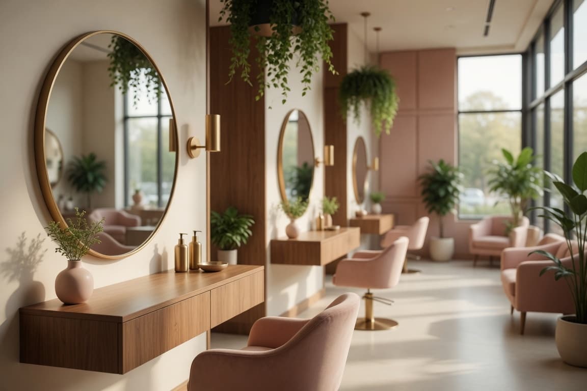 Our light-filled Shoreditch salon — brass mirrors, warm wood and blush velvet, where Coco confirms your appointment in seconds.