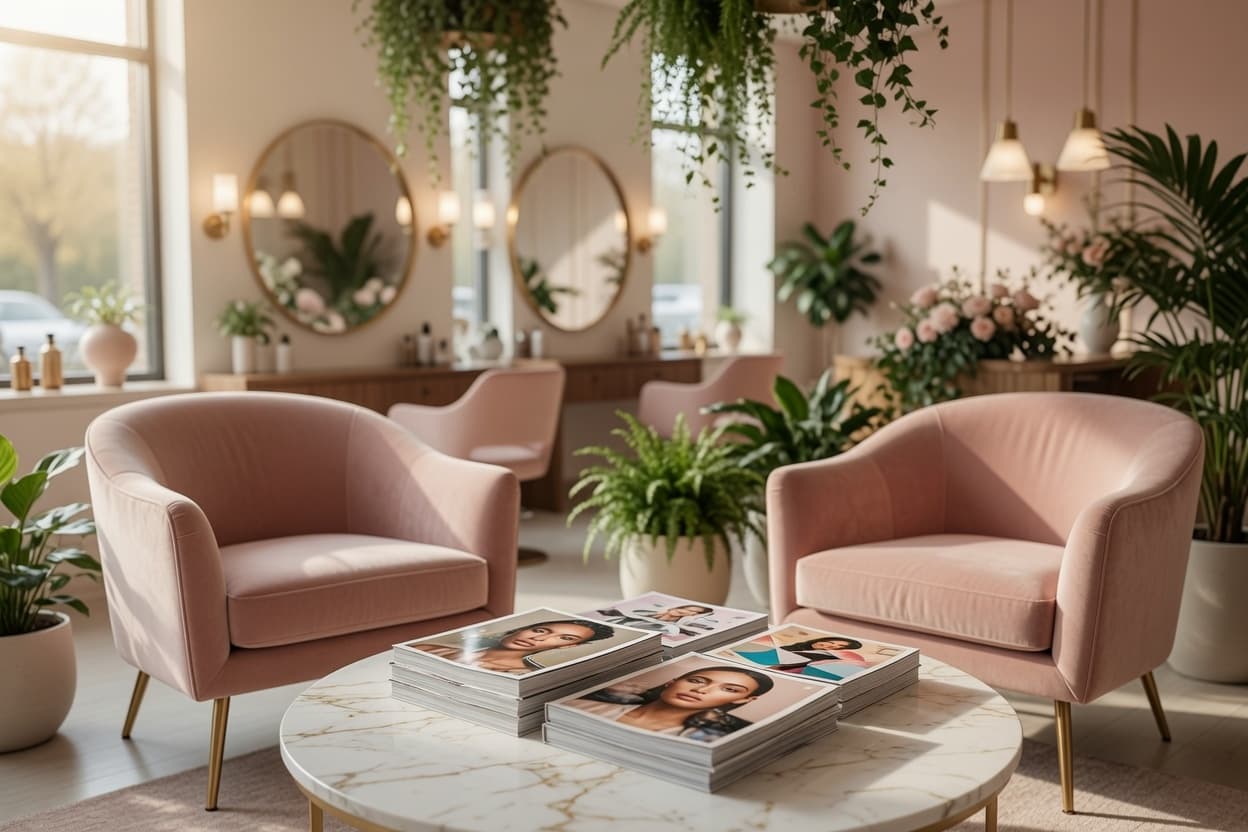 A quiet, plant-filled lounge with soft seating — settle in with a coffee before your appointment.