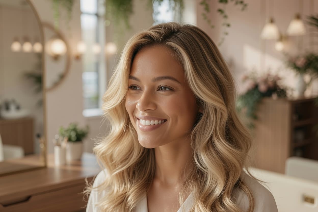 Glossy, sun-kissed balayage and the warm, light-filled salon at Maison Lumière